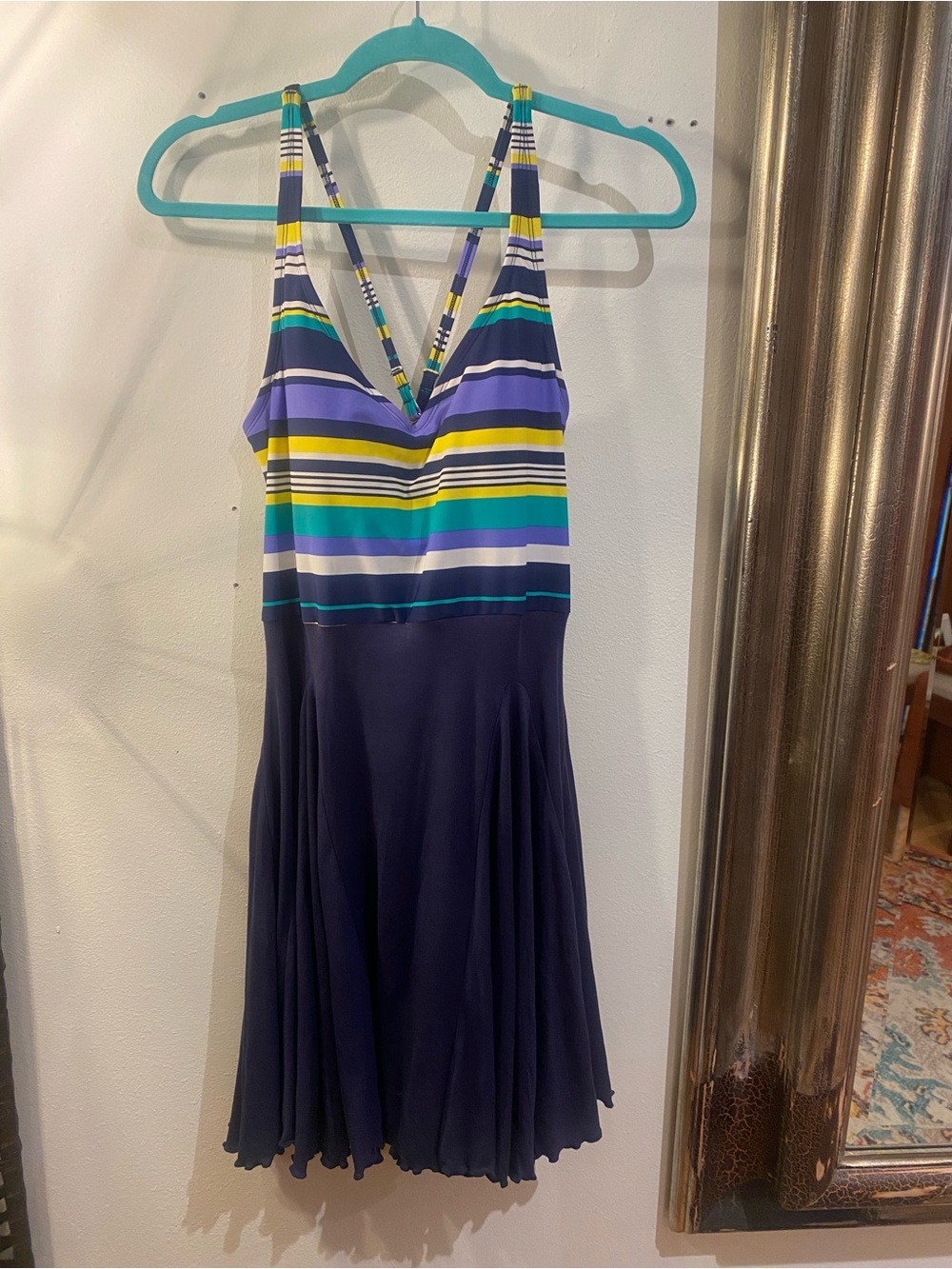 OOAK Upcycled Swim bodice Striped V-Neck Navy & Multicolor Women’s Dress
